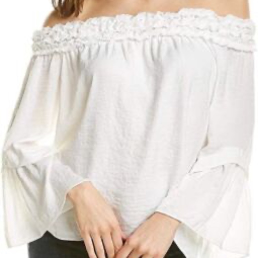 NWT VINCE CAMUTO Womens White Ruched Ruffled Bell Sleeve Off Shoulder Blouse S